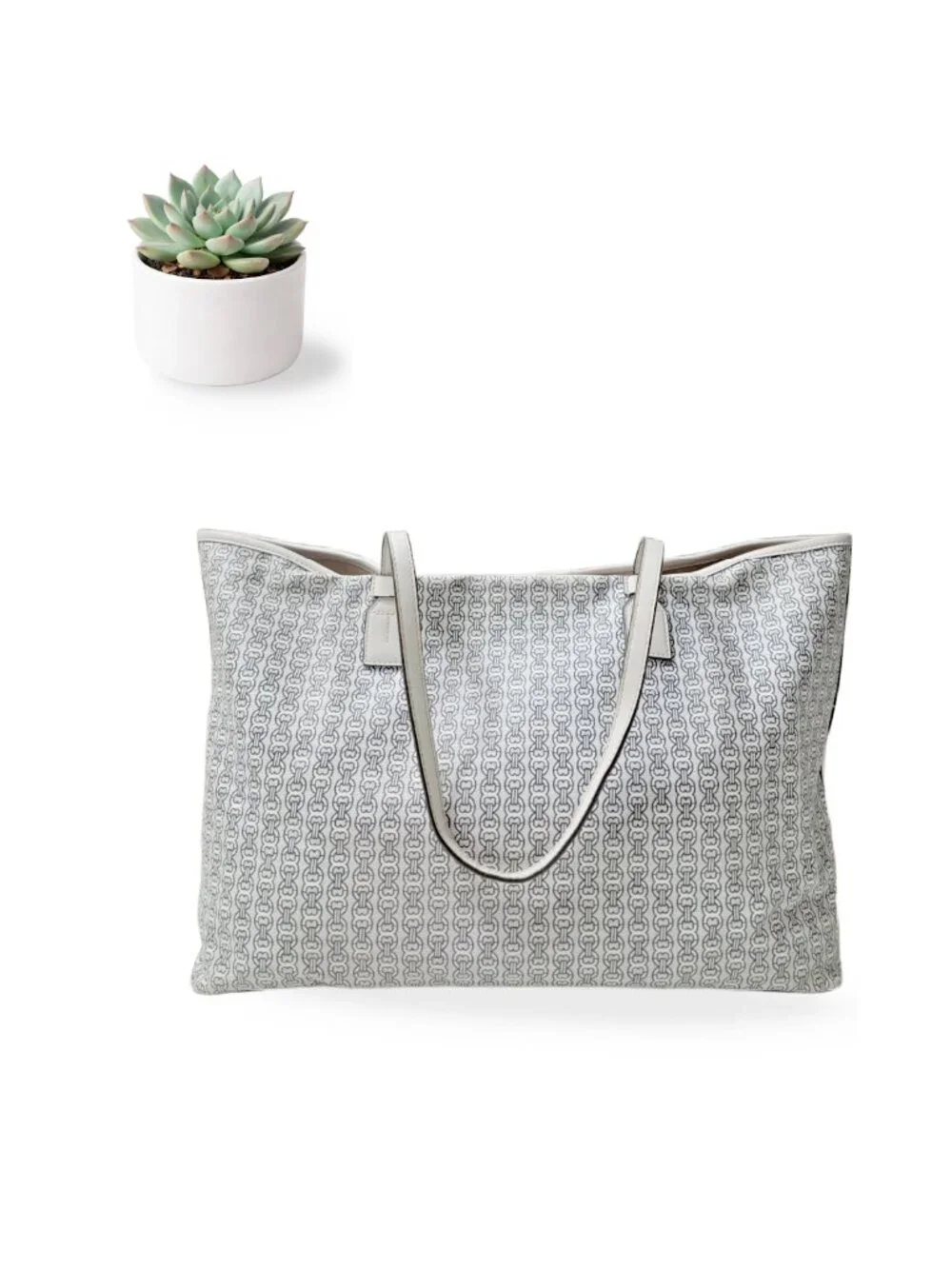 Tory Burch Gemini Link Large Tote Blue White Coated Canvas Leather Trim Bag